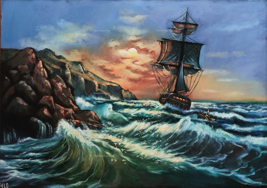 تابلو رنگ روغن کشتی و دریا
