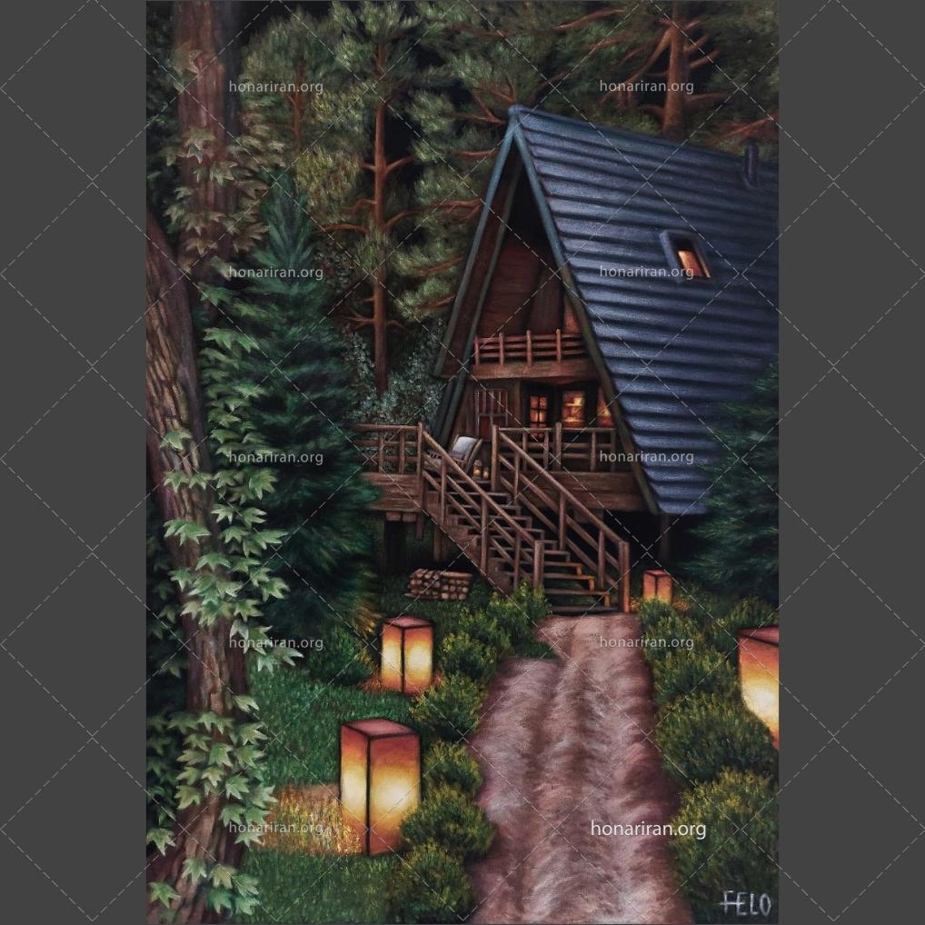 تابلو رنگ روغن کلبه جنگلی