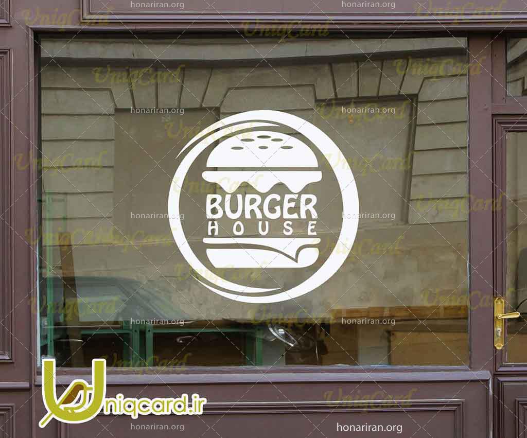 طرح لایه باز استیکر و برچسب شیشه رستوران با طرح برگر خوشمزه