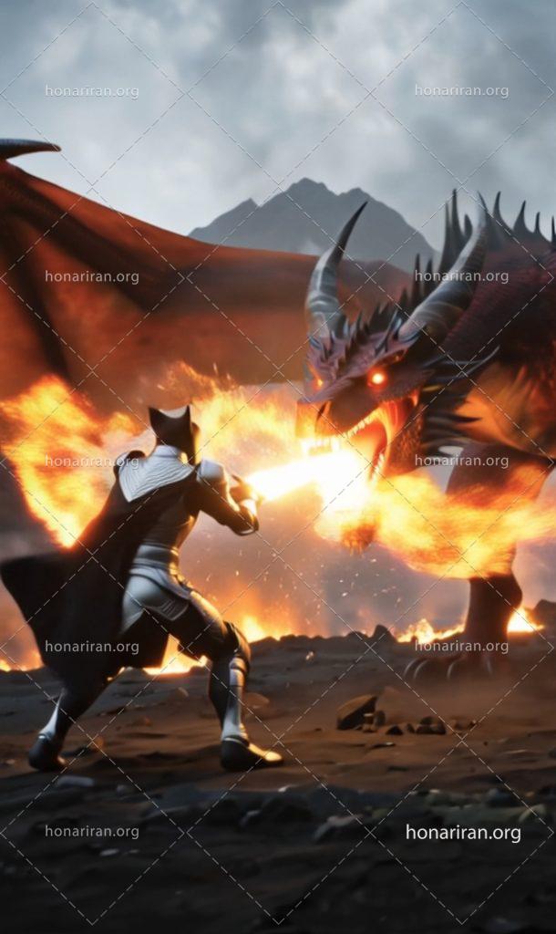 قطعه عکس هوش مصنوعی، شوالیه گربه سیاه در حال جنگ با اژدها