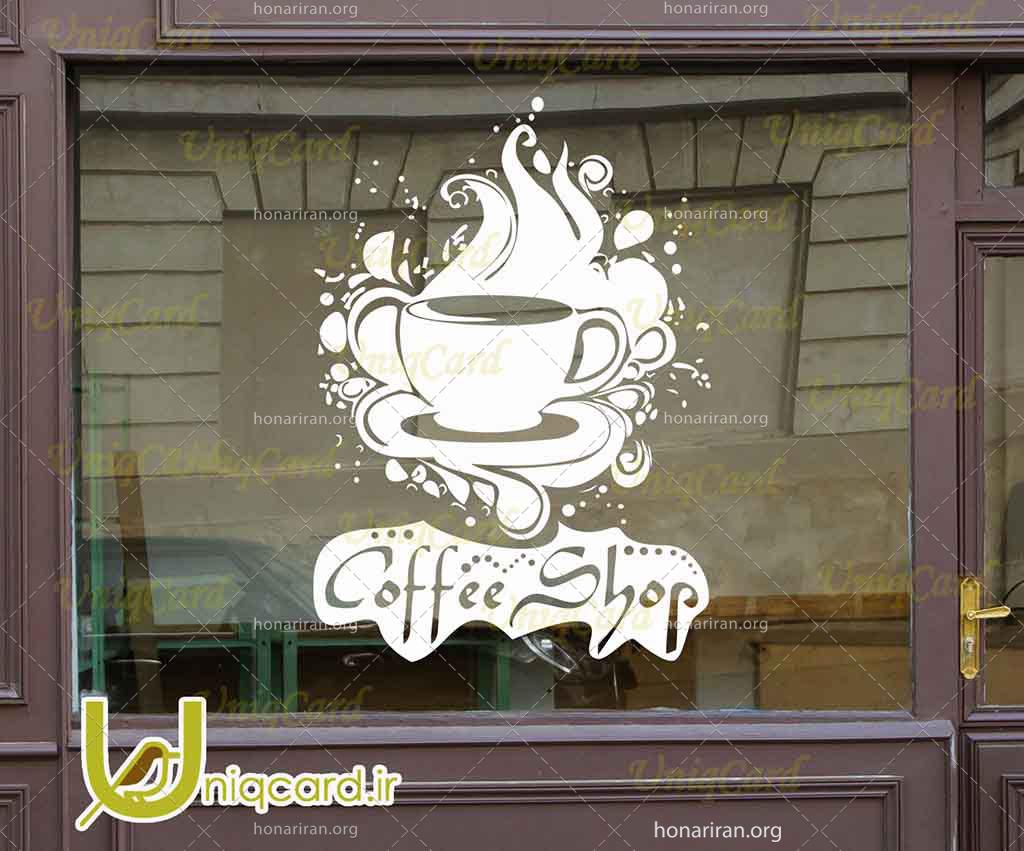 طرح لایه باز استیکر و برچسب شیشه کافی شاپ با طرح فنجون قهوه و قطرات قهوه پاشیده شده