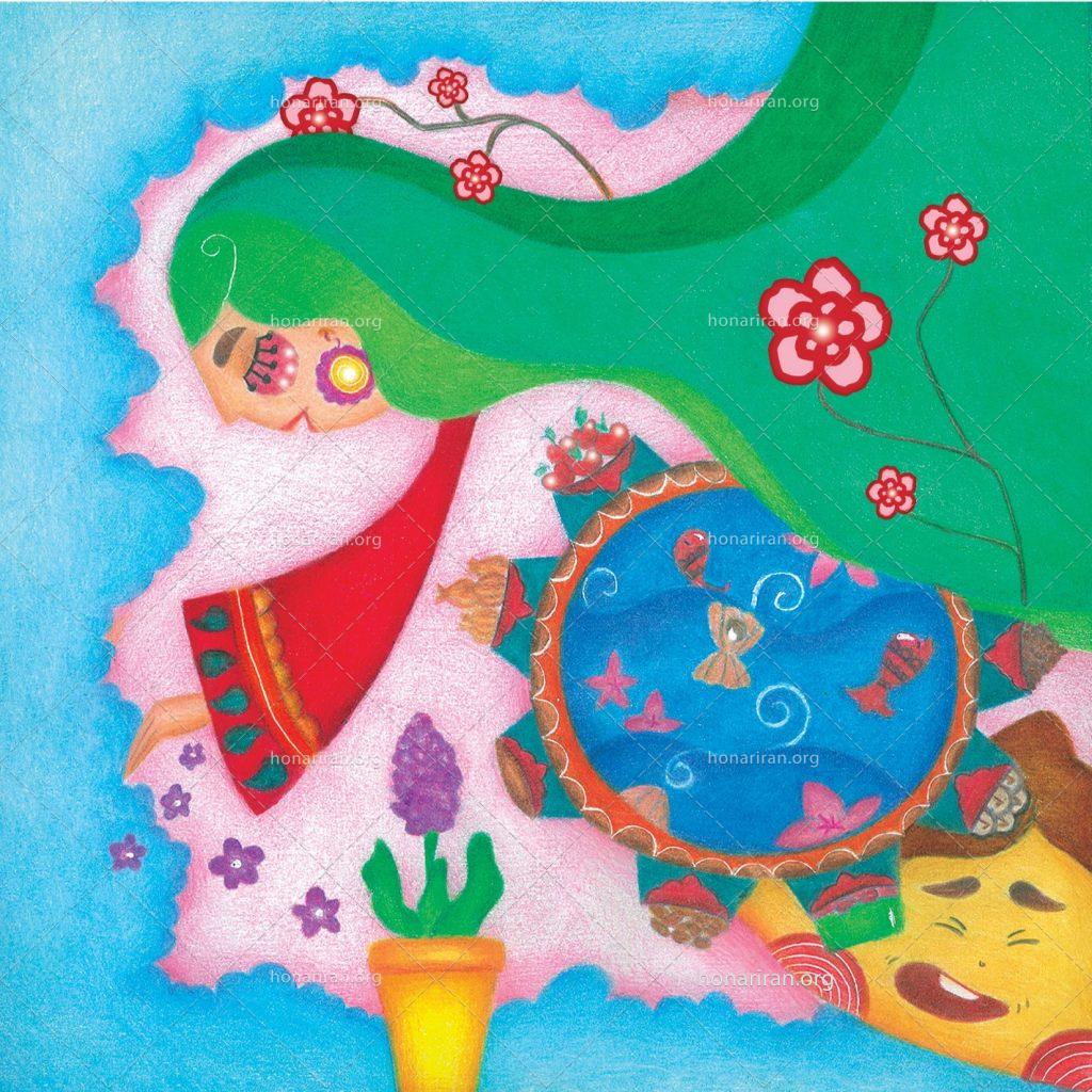 نقاشی مداد رنگی سفرهٔ شکوفه