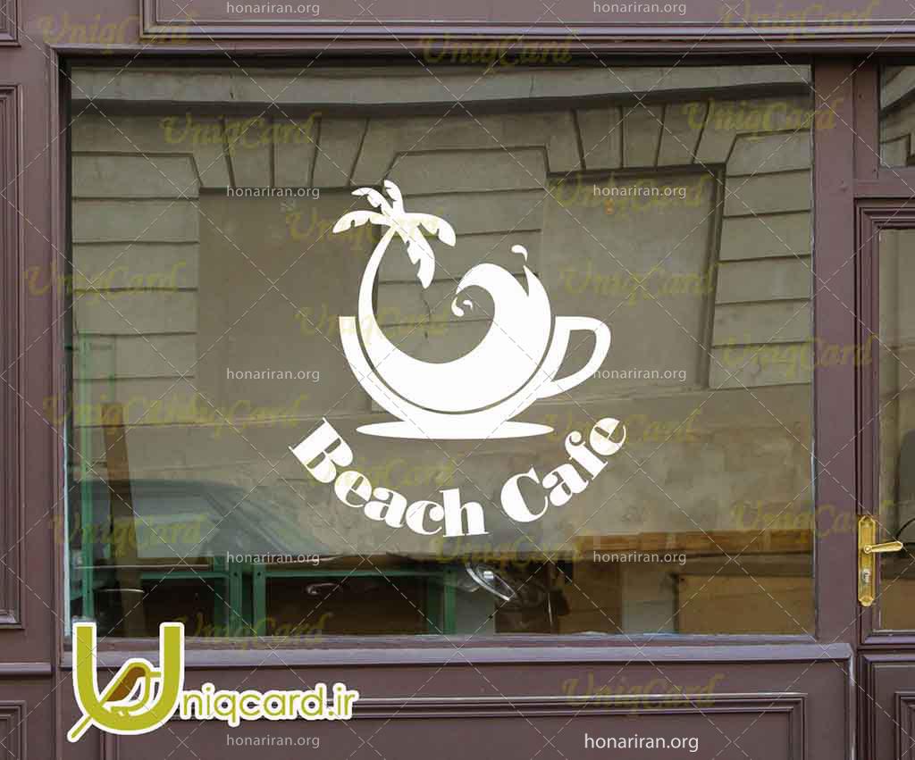 طرح لایه باز استیکر و برچسب شیشه کافی شاپ با طرح فنجون قهوه و درخت نخل