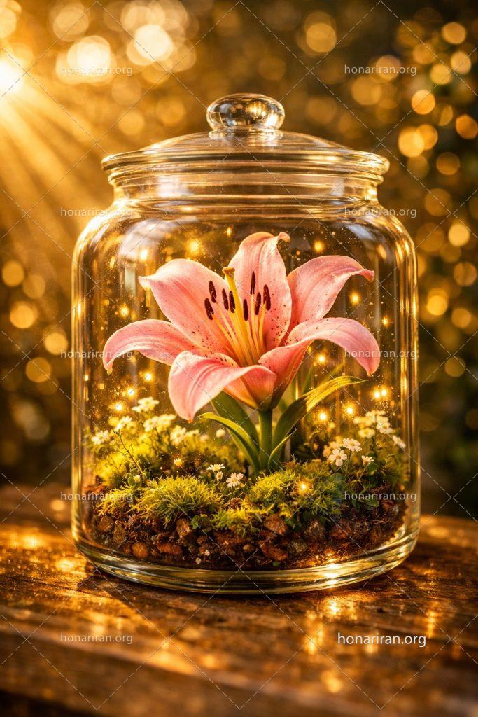 قطعه عکس هوش مصنوعی گل لیلیوم صورتی در محفظه شیشه‌ای