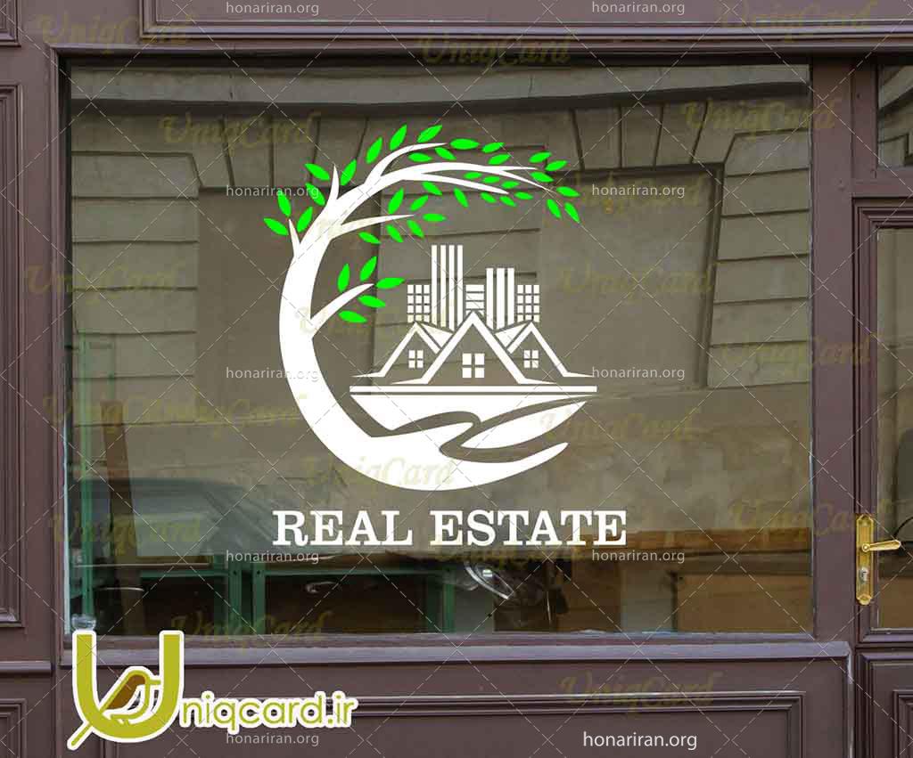 طرح لایه باز استیکر و برچسب شیشه مشاور املاک با طرح خونه و آپارتمان و درخت سبز زندگی