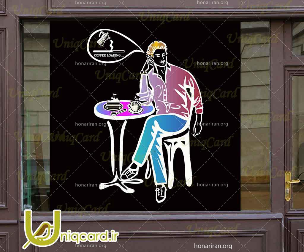 طرح لایه بازاستیکر و برچسب شیشه کافی شاپ با طرح مرد جوان درحال نوشیدن قهوه در کافه