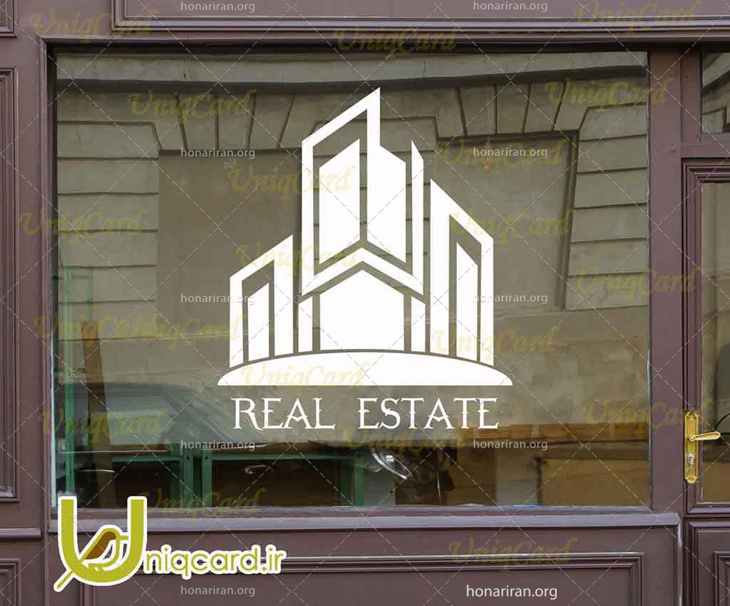 طرح لایه باز استیکر و برچسب شیشه مشاور املاک با طرح مجموعه آپارتمانی