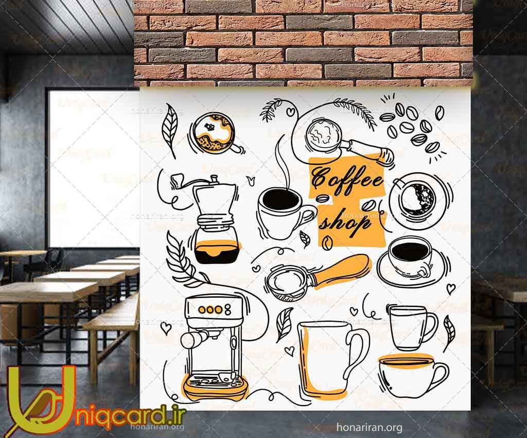 طرح لایه باز استیکر و برچسب شیشه کافی شاپ با طرح کافی و کافی میکر