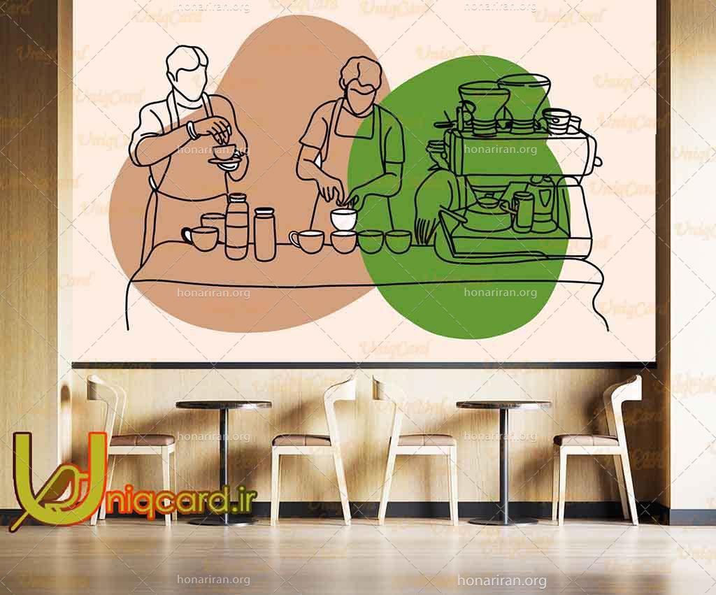 طرح لایه باز استیکر و برچسب شیشه کافی شاپ با طرح کافی من ها درحال سرو قهوه در کافه