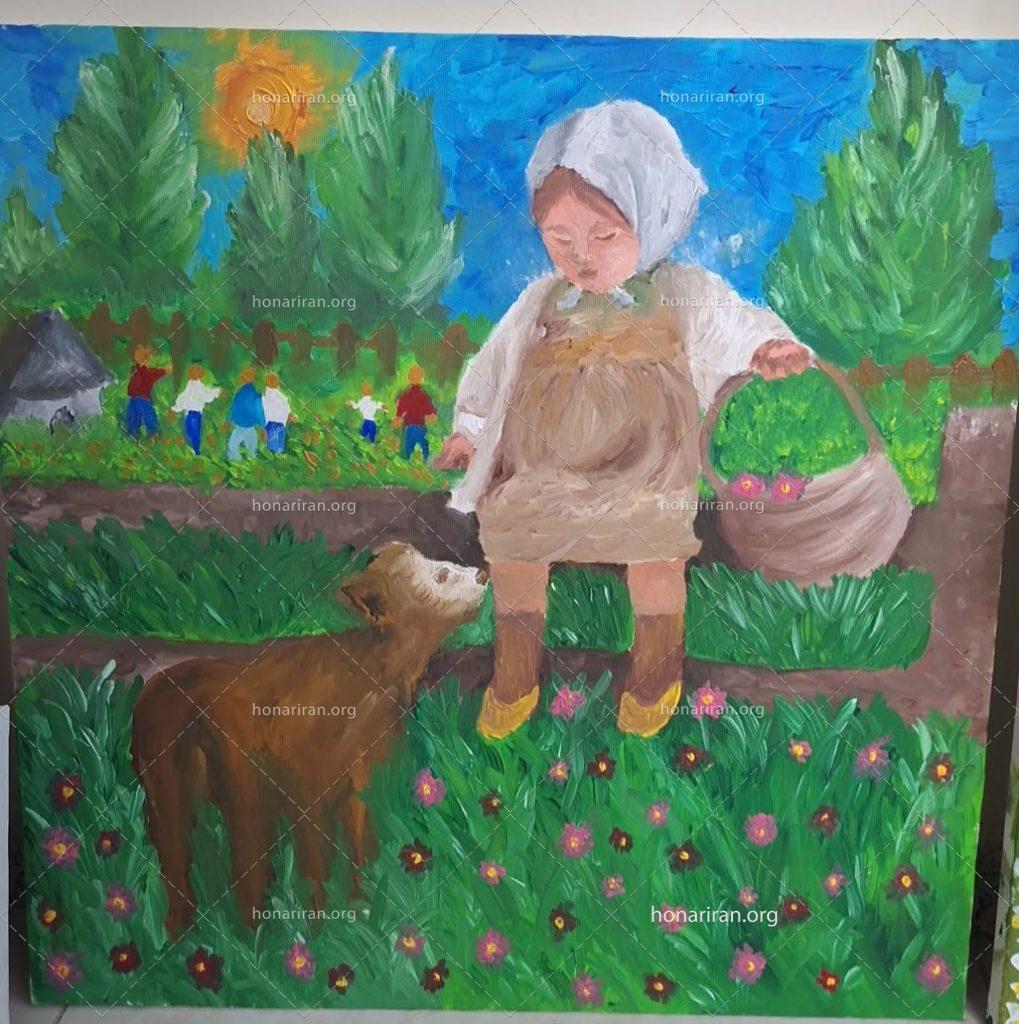 نقاشی رنگ روغن کودکی در طبیعت