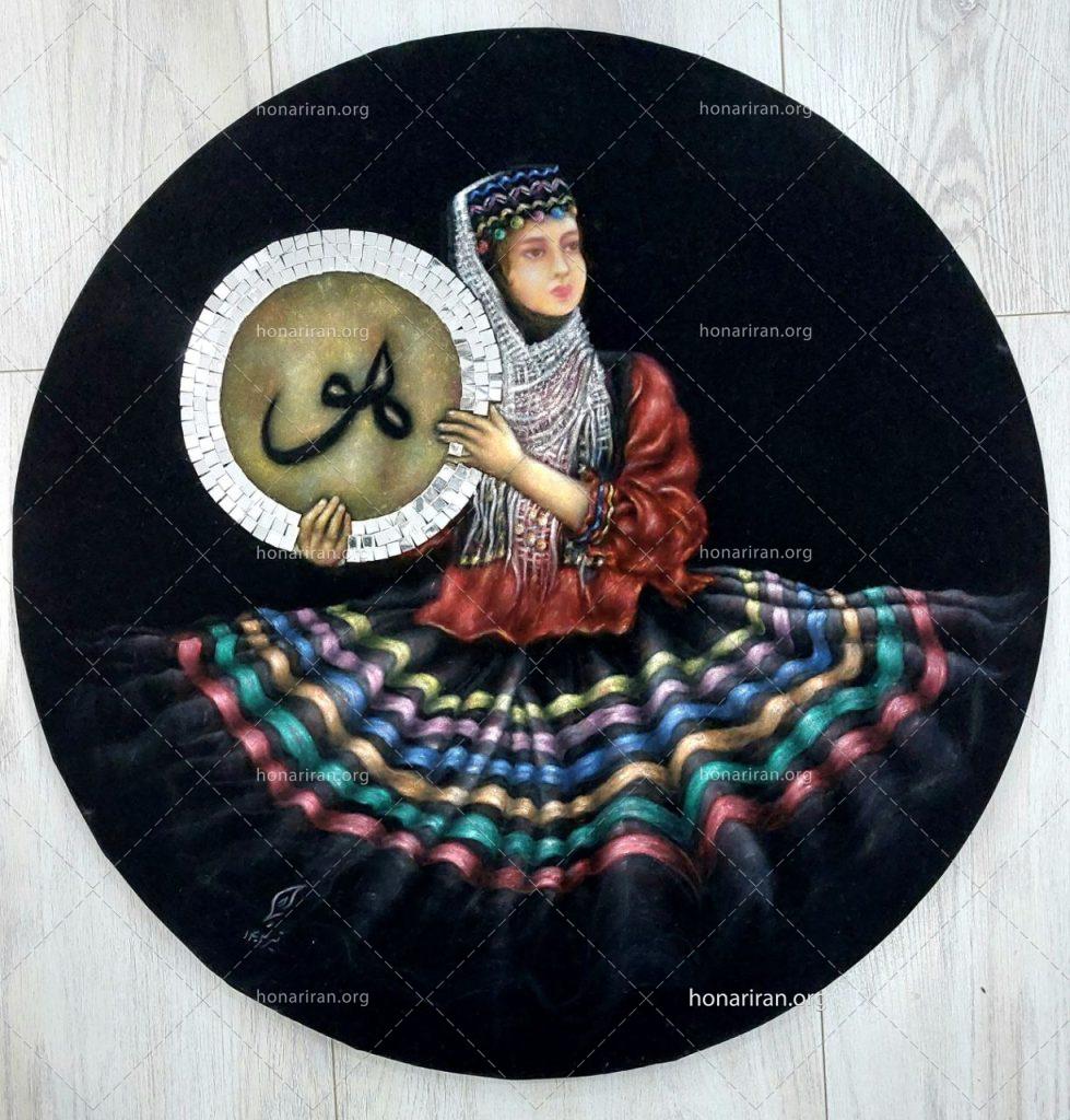تابلو میکس مدیا(رنگ روغن و آینه کاری) بانوی دف نواز