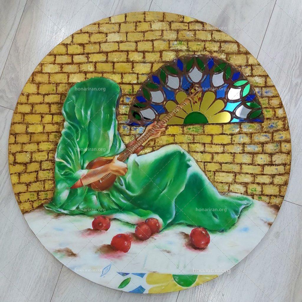 تابلوی میکس مدیا(رنگ روغن و آینه کاری) بانوی سه تارزن