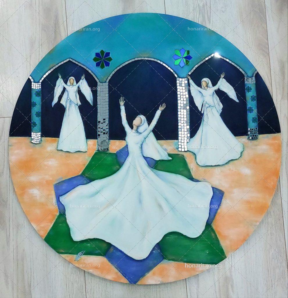 تابلوی میکس مدیا(رنگ روغن‌‌ و آینه کاری) رقص سماع بانوان