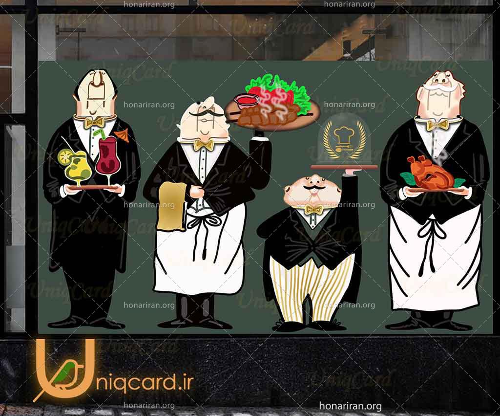 طرح لایه باز استیکر و برچسب شیشه رستوران با طرح سرآشپزها با ظرف های غذای ایرانی