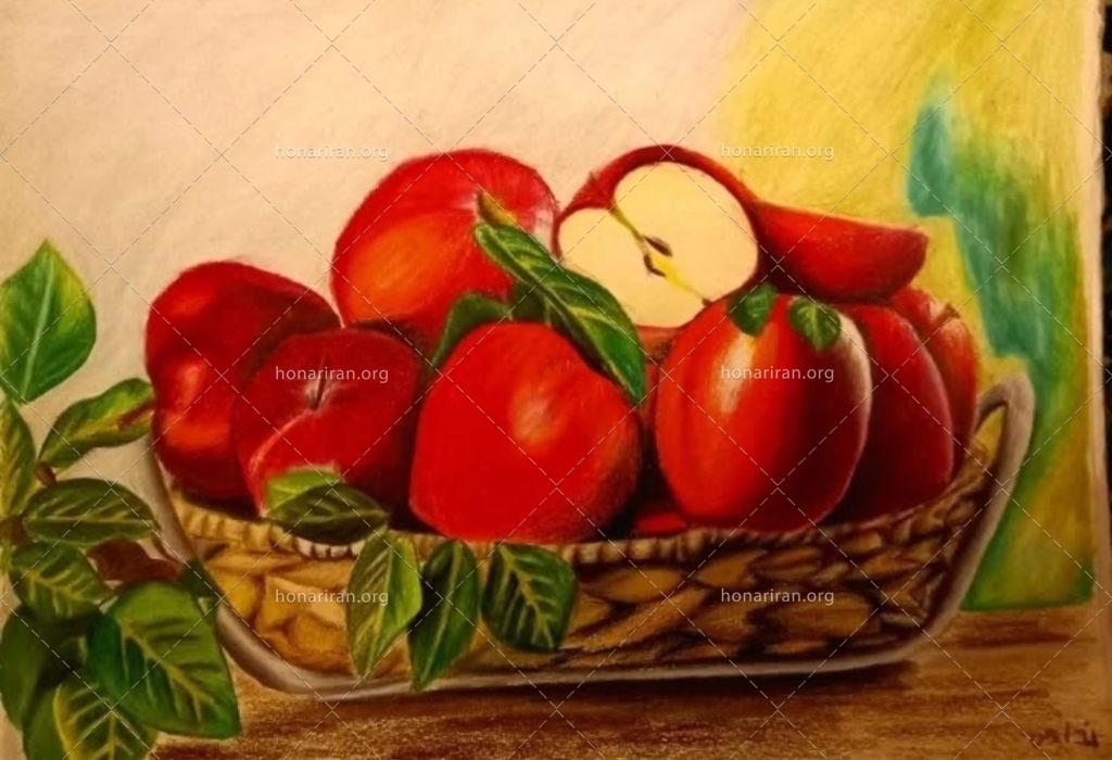 نقاشی مداد رنگی سبد سیب سرخ