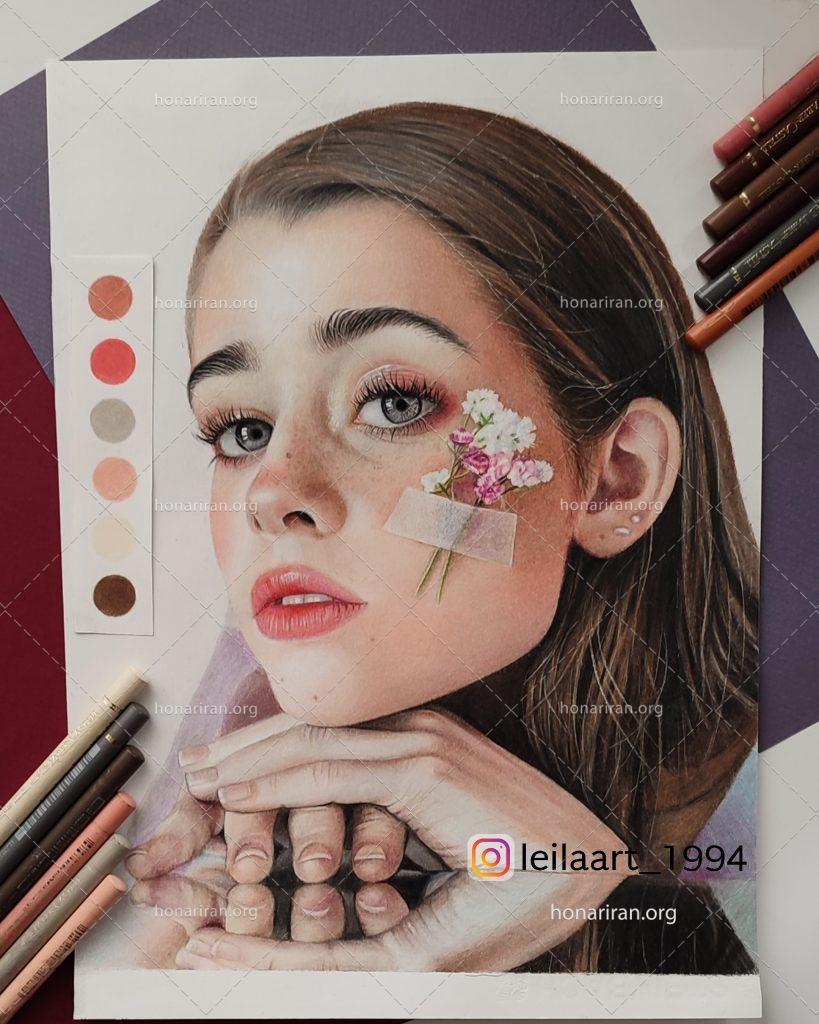 تابلو چهره مدادرنگی گلی