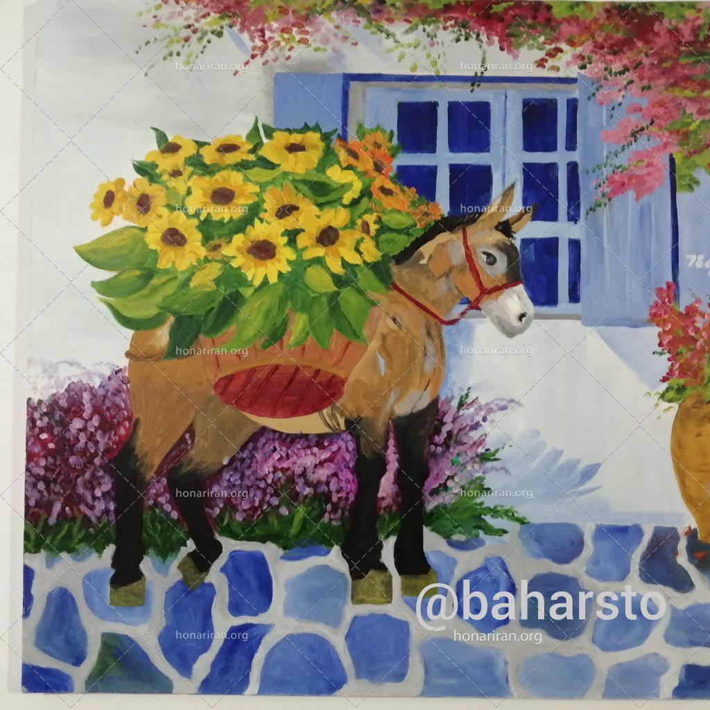 تابلو رنگ روغن پنجره نیلی و گل کاغذی