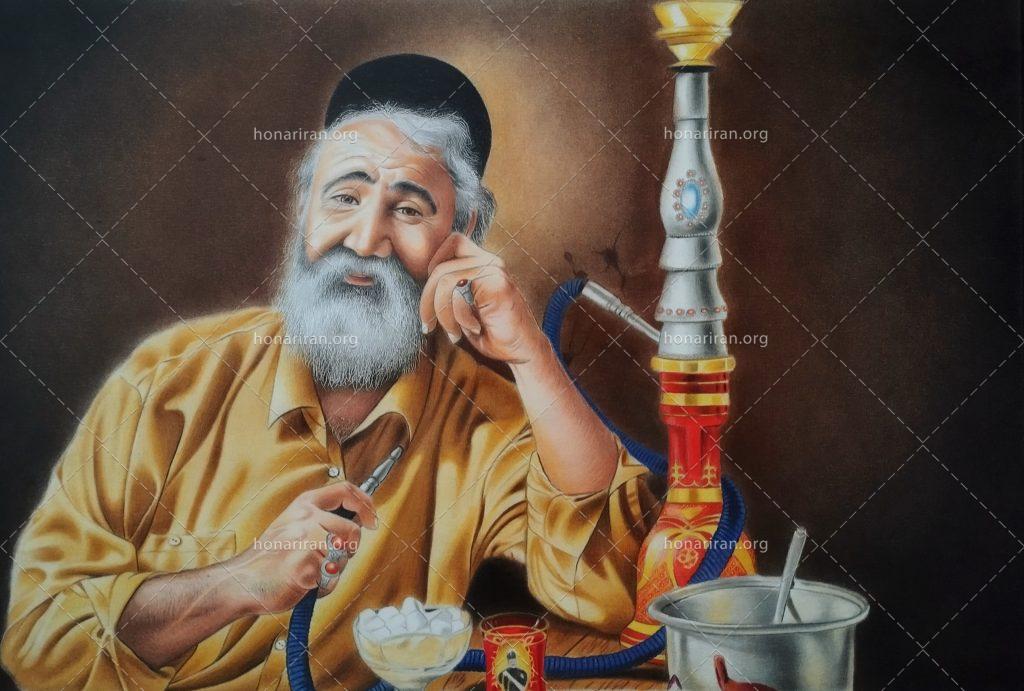 نقاشی مداد رنگی پیرمردی در قهوه خانه