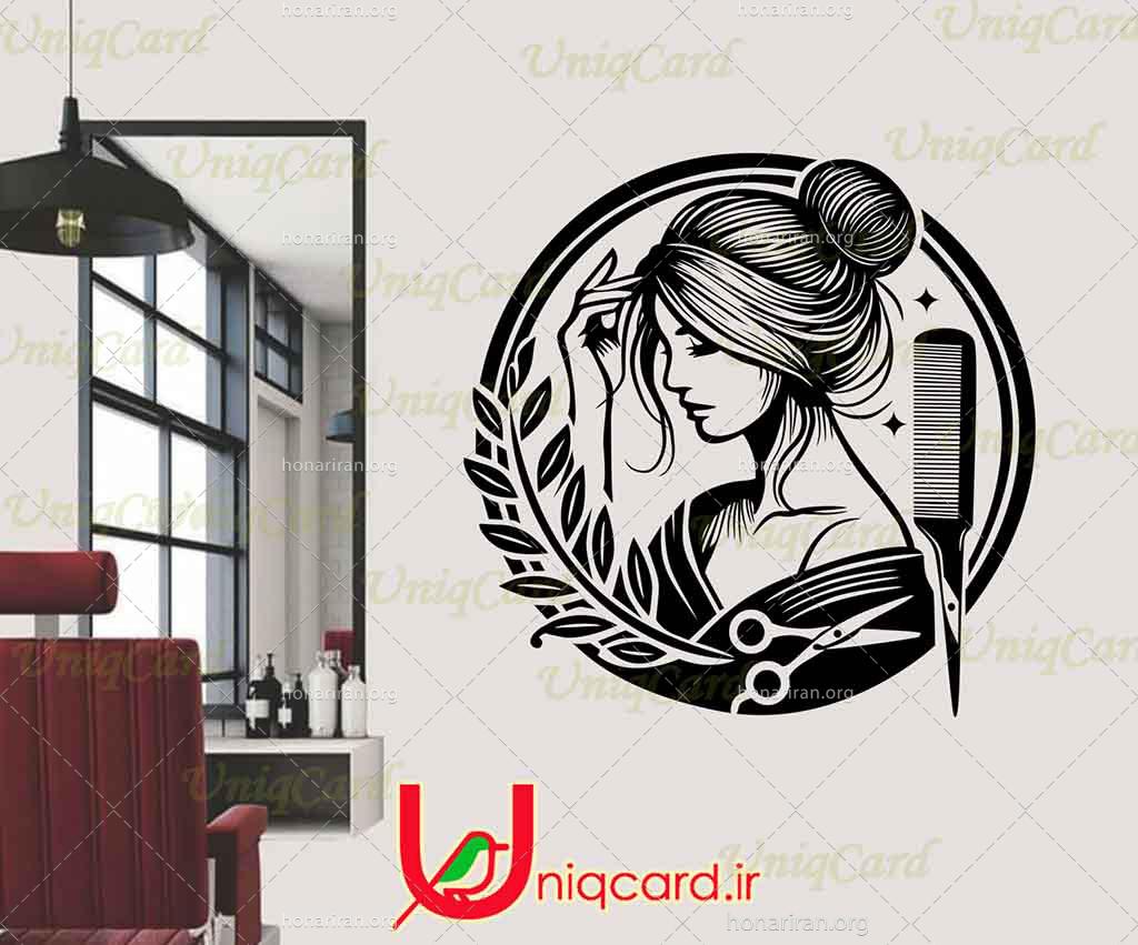 طرح لایه باز استیکر و برچسب شیشه آرایشگاه زنانه با طرح چهره زن با موهای شینیون با شونه و قیچی
