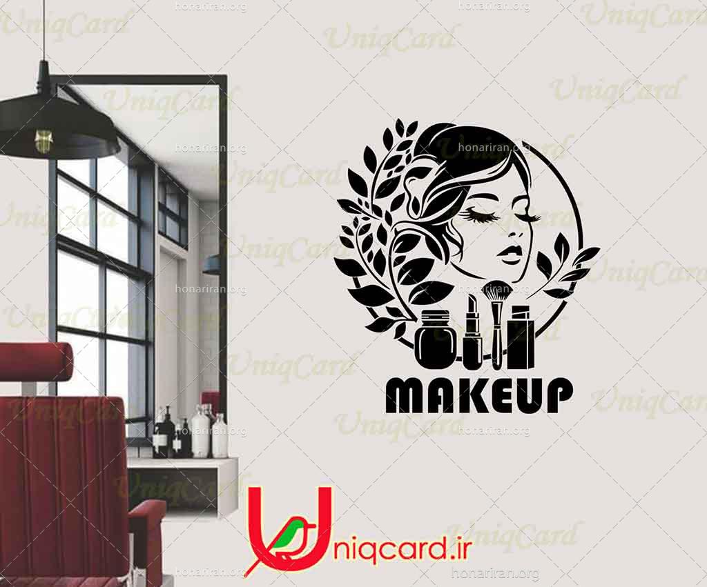 طرح لایه باز استیکر و برچسب دیوار و شیشه فروشگاه لوازم آرایشی با طرح چهره زن و رژلب و براش کرم پودر