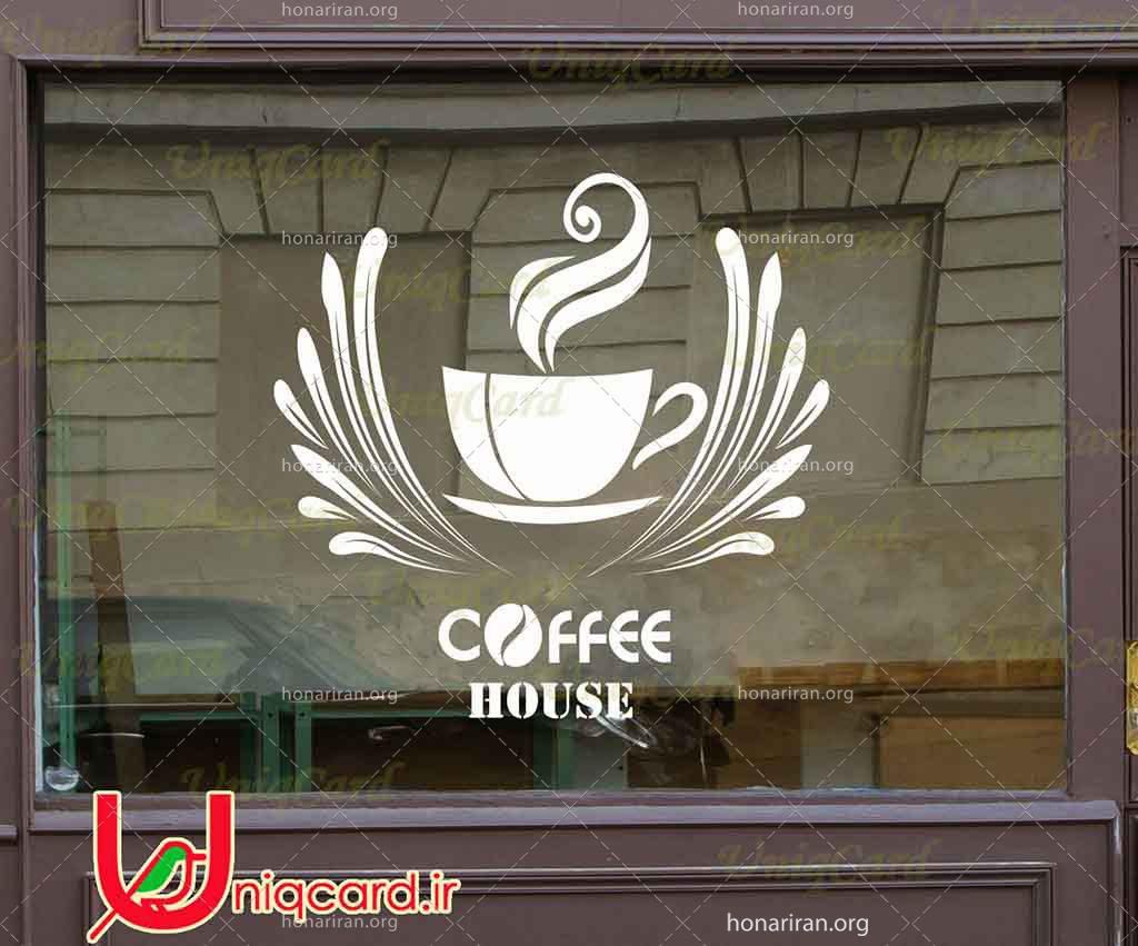 طرح لایه باز استیکر و برچسب شیشه کافی شاپ با طرح فنجون قهوه داغ داغ