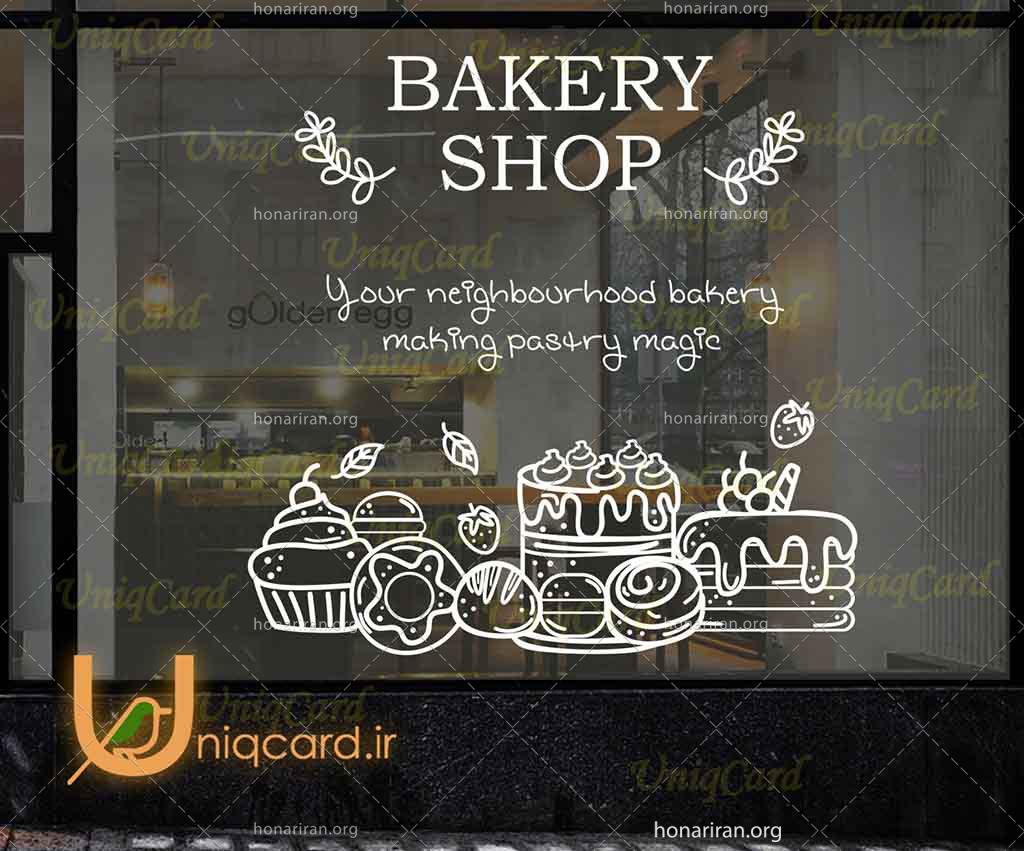 طرح لایه باز استیکر و برچسب شیشه بیکری و شیرینی فروشی با طرح انواع کیک و کلوچه و شیرینی