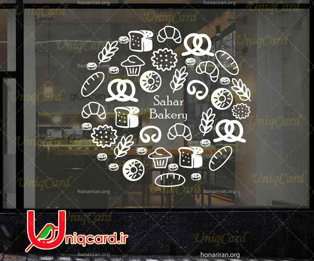 طرح لایه باز استیکر و برچسب شیشه بیکری و شیرینی فروشی با طرح انواع نون فانتزی و تست و باگت