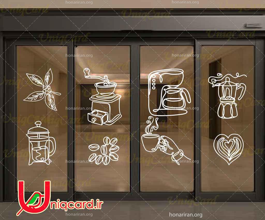 طرح لایه باز استیکر و برچسب شیشه کافی شاپ با طرح دونه و گیاه قهوه و قهوه ساز و اسپرسوساز