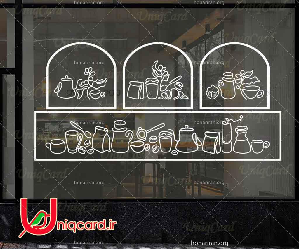 طرح لایه باز استیکر و برچسب شیشه کافی شاپ با طرح لاین آرت کافه و قهوه
