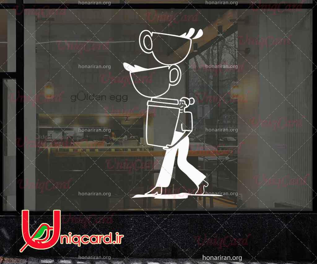 طرح لایه باز استیکر و برچسب شیشه کافی شاپ با طرح دختر درحال حمل فنجون ها