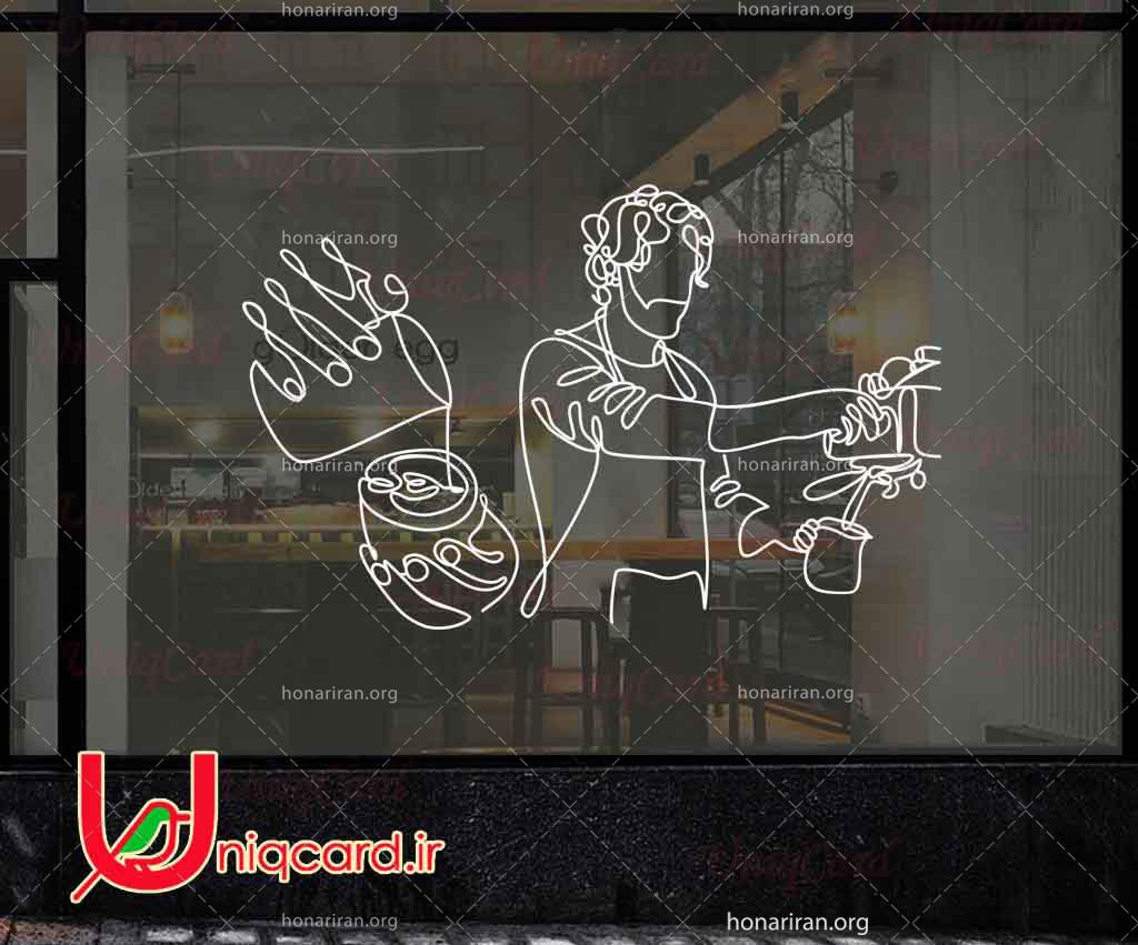 طرح لایه باز استیکر و برچسب شیشه کافی شاپ با طرح باریستامن درحال سرو قهوه