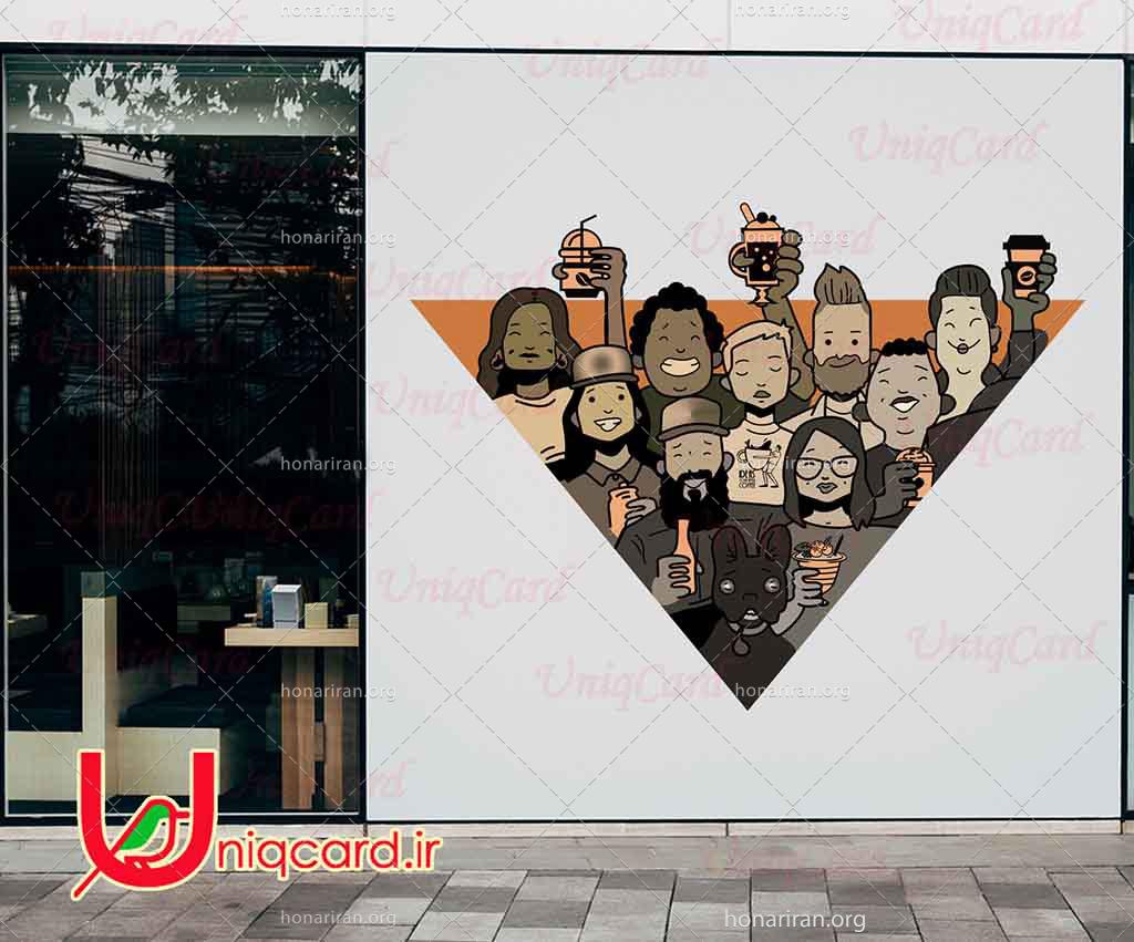 طرح لایه باز استیکر و برچسب شیشه کافی شاپ با طرح پسر و دختر و مرد و زن در کافه درحال نوشیدن