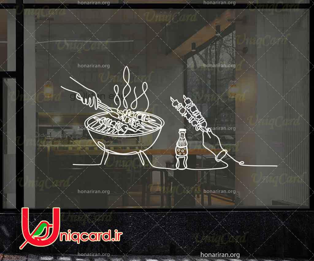 طرح لایه باز استیکر و برچسب شیشه رستوران با طرح سرآشپز درحال درست کردن کباب کوبیده و نوشابه