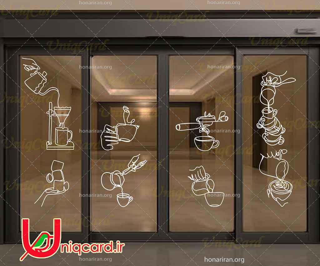 طرح لایه باز استیکر و برچسب شیشه کافی شاپ با طرح دست ها درحال سرو و نوشیدن قهوه