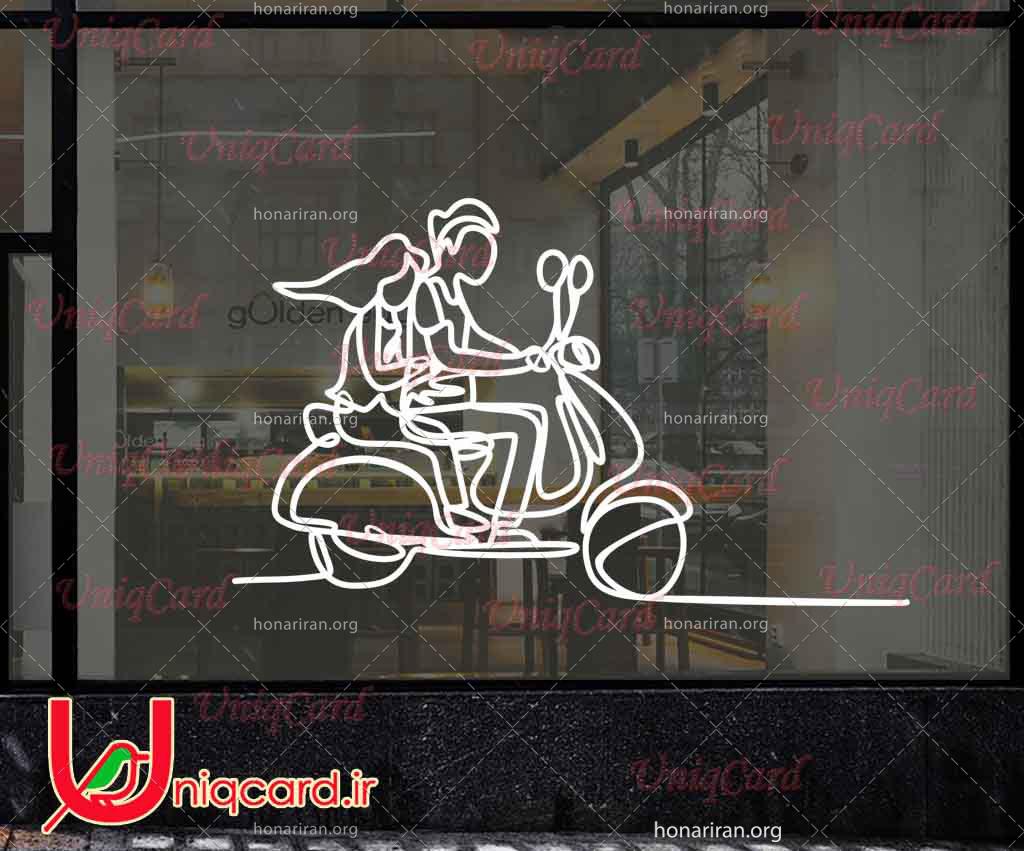 طرح لایه باز cdr کورل دراو استیکر و برچسب دیوار و شیشه نمایشگاه موتورسیکلت با طرح دختر و پسر سوار بر موتورسیکلت