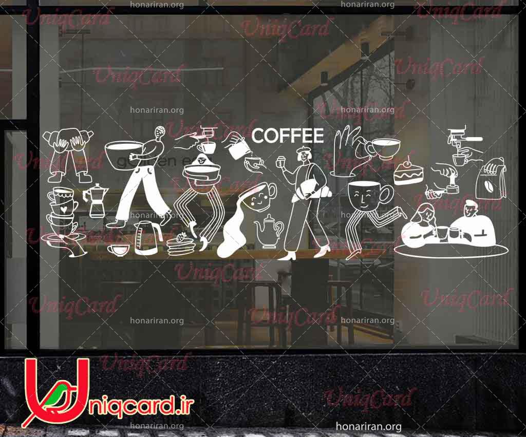 وکتور خطی استیکر و برچسب شیشه کافی شاپ با طرح دختر و پسر فنجونی با قهوه و کروسان