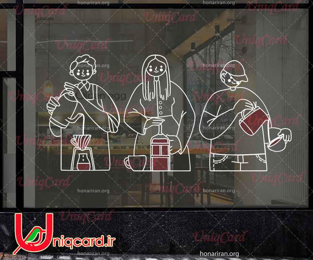وکتور خطی استیکر و برچسب دیوار و شیشه کافی شاپ با طرح مرد و زن قهوه چی