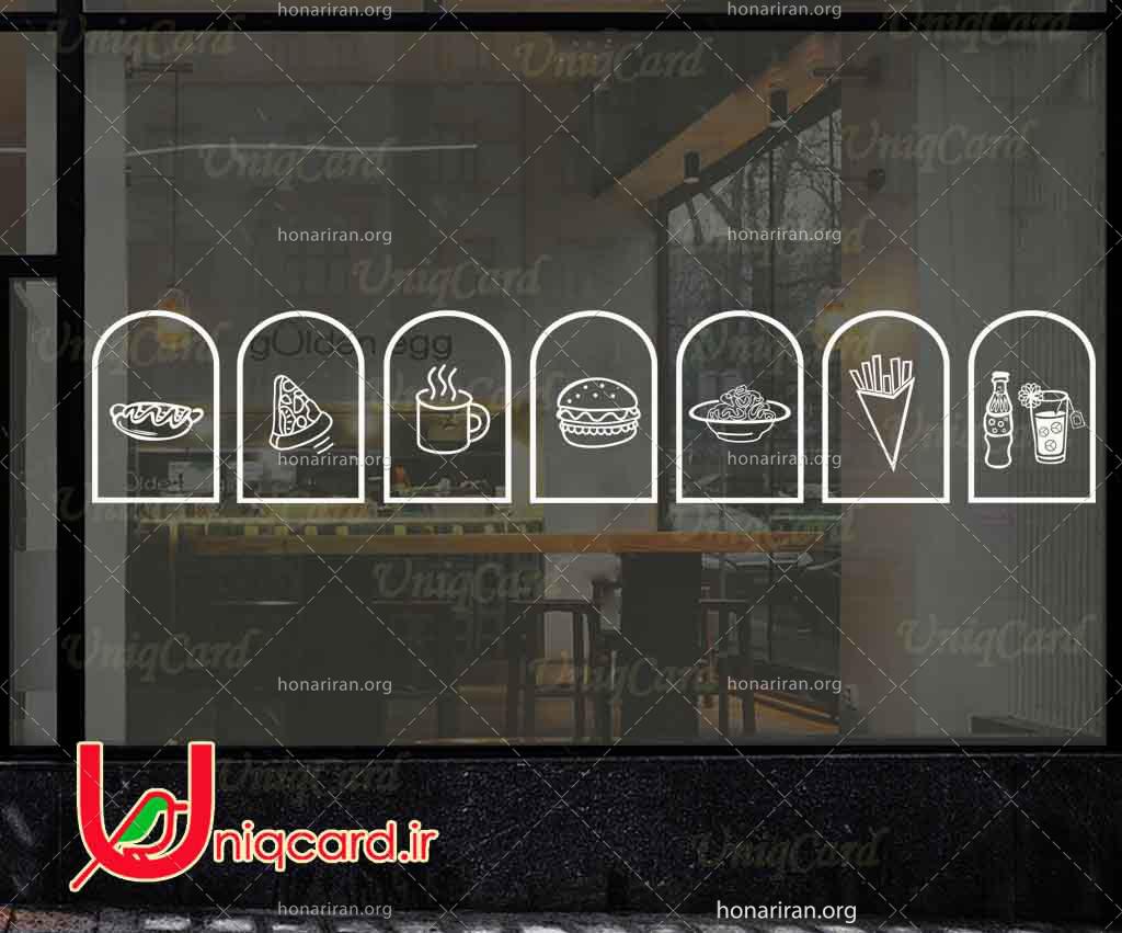 وکتور خطی استیکر و برچسب شیشه کافی شاپ با طرح قهوه و پاستا و نوشابه و پیتزا و سیب زمینی