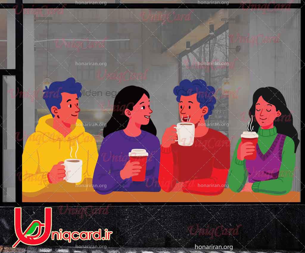 طرح لایه باز استیکر و برچسب شیشه کافی شاپ با طرح پسرها و دخترها توی کافه