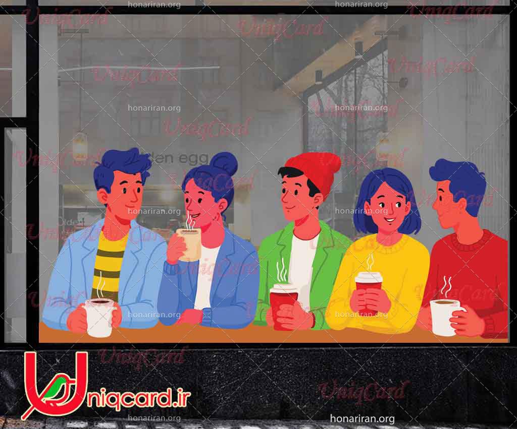 طرح استیکر و برچسب شیشه کافی شاپ با طرح پسرها و دخترهای شاد توی کافه
