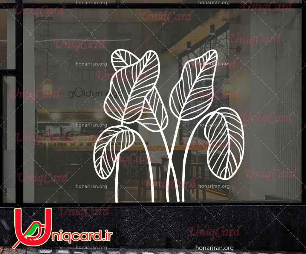 طرح استیکر و برچسب شیشه مغازه با طرح برگ های پهن استوایی