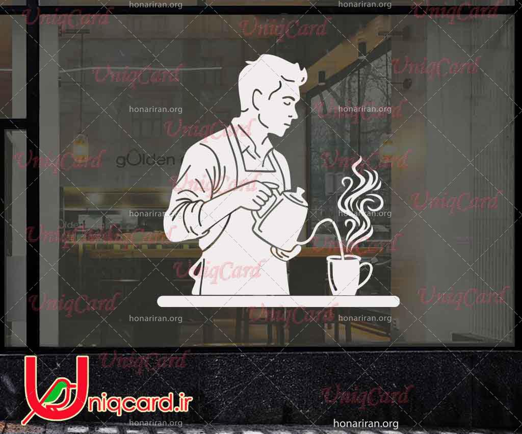 وکتور خطی استیکر و برچسب دیوار و شیشه کافی شاپ با طرح مرد جوان باریستامن