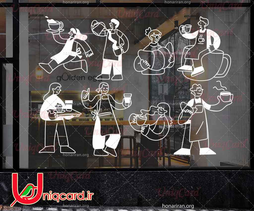 وکتور خطی استیکر و برچسب شیشه کافی شاپ با طرح مرد و زن باریستا با فنجون قهوه