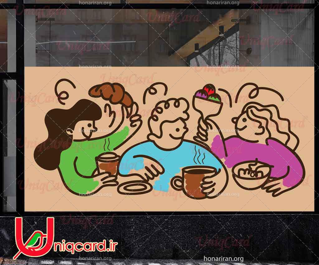 استیکر و برچسب شیشه کافی شاپ با طرح پسرها و دخترها توی کافه درحال خوردن بستنی و قهوه و کروسان