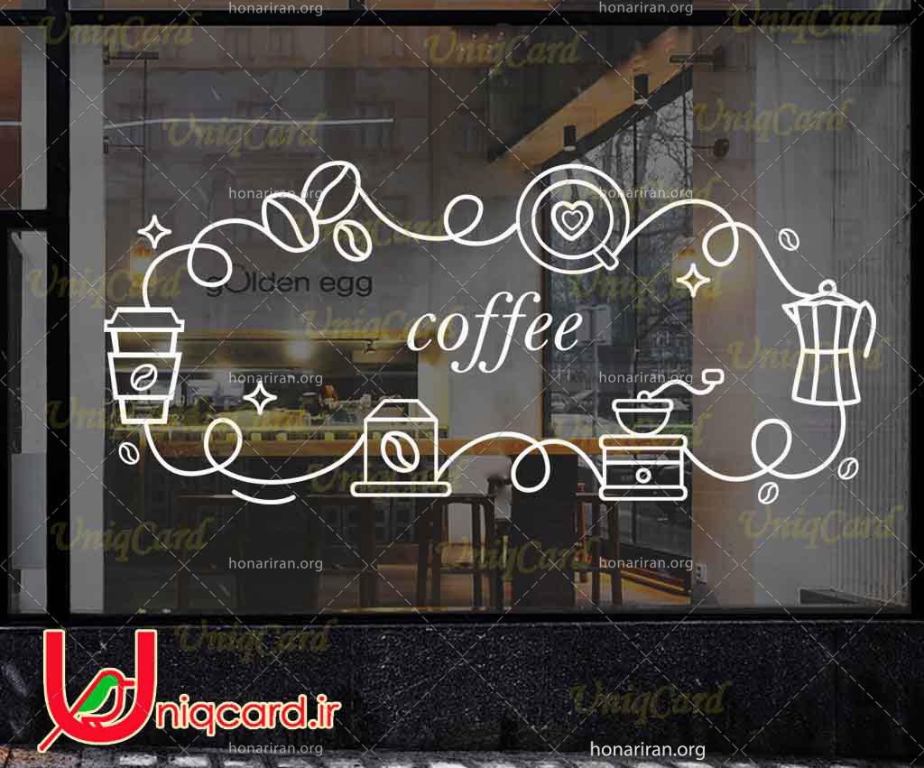 وکتور خطی استیکر و برچسب دیوار و شیشه کافی شاپ با طرح قهوه و موکا و قهوه ساز و فنجون