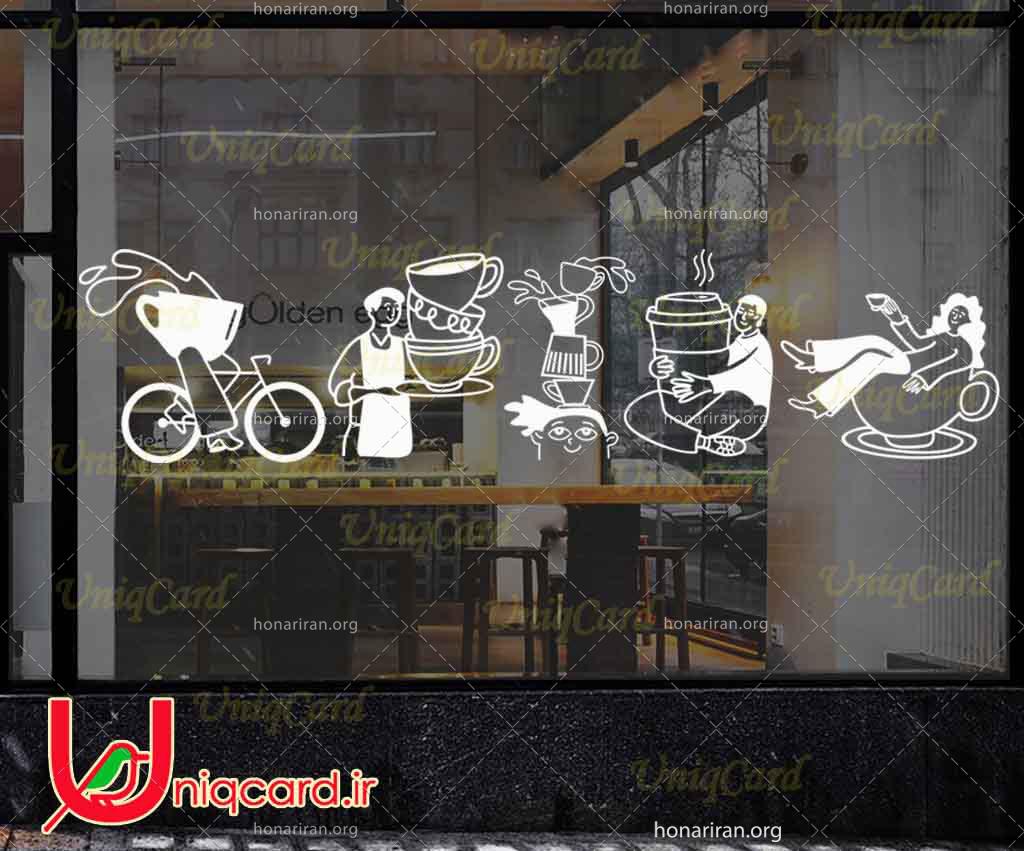 وکتور خطی استیکر و برچسب شیشه کافی شاپ با طرح مرد و زن با فنجون قهوه