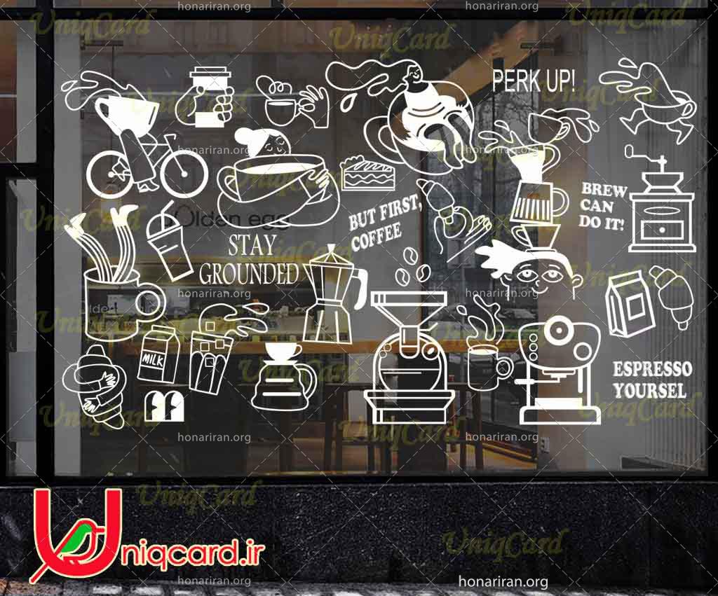وکتور خطی استیکر و برچسب شیشه کافی شاپ با طرح زن فنجون سوار و فنجون دوچرخه سوار