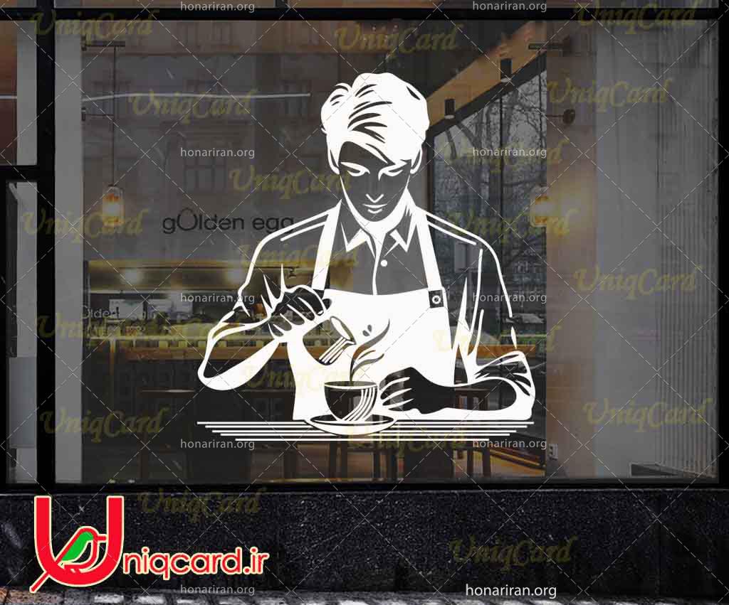 وکتور خطی استیکر و برچسب دیوار و شیشه کافی شاپ با طرح باریستامن درحال ریختن شیر توی قهوه
