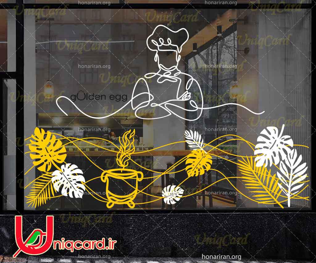 وکتور خطی استیکر و برچسب شیشه رستوران با طرح برگ های استوایی طلایی و سفید و سرآشپز